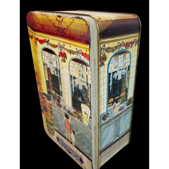 Vintage Destrooper Belgium Biscuit Tin With Charming Bakery Scene Artwork  16 Oz - Picture 2 of 14
